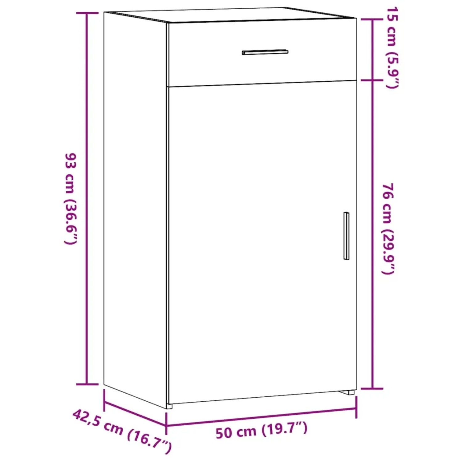 Maßzeichnung des vidaXL Sideboards Sonoma-Eiche. Zeigt 50x42,5x93 cm Schrank mit Schublade und Tür.