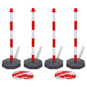 DELUKE Absperrpfosten Set mit 4 rot-weißen Pfosten und 2 Ketten zur Kennzeichnung von Gefahrenbereichen.