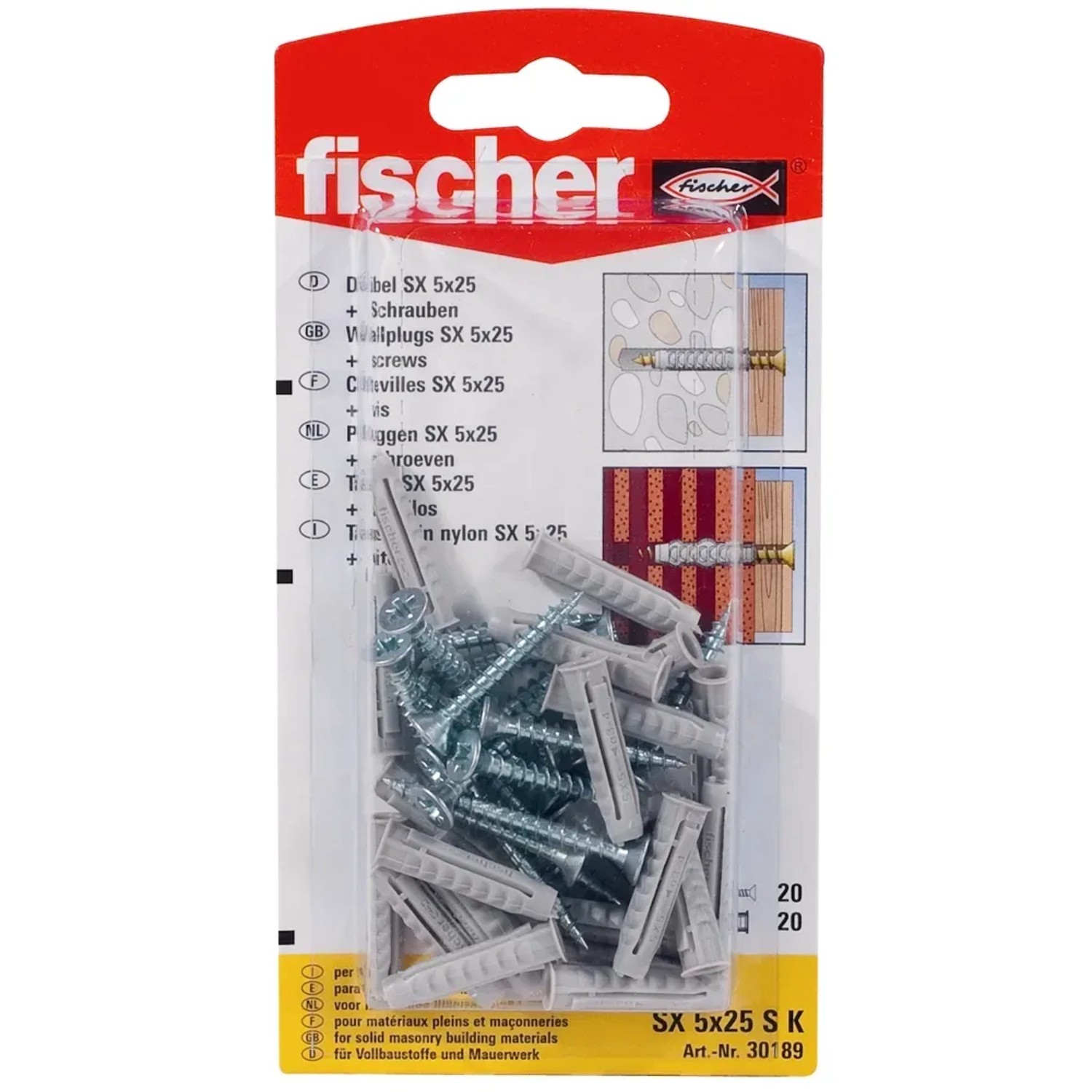 Fischer Spreizdübel SX 5x25 mit Schrauben, 20er-Pack. Dübel für sichere Befestigungen.