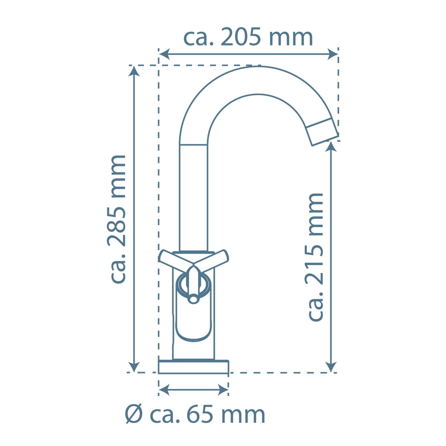 Technische Zeichnung der Schütte Waschtischarmatur Eliot Chrom mit Maßangaben.