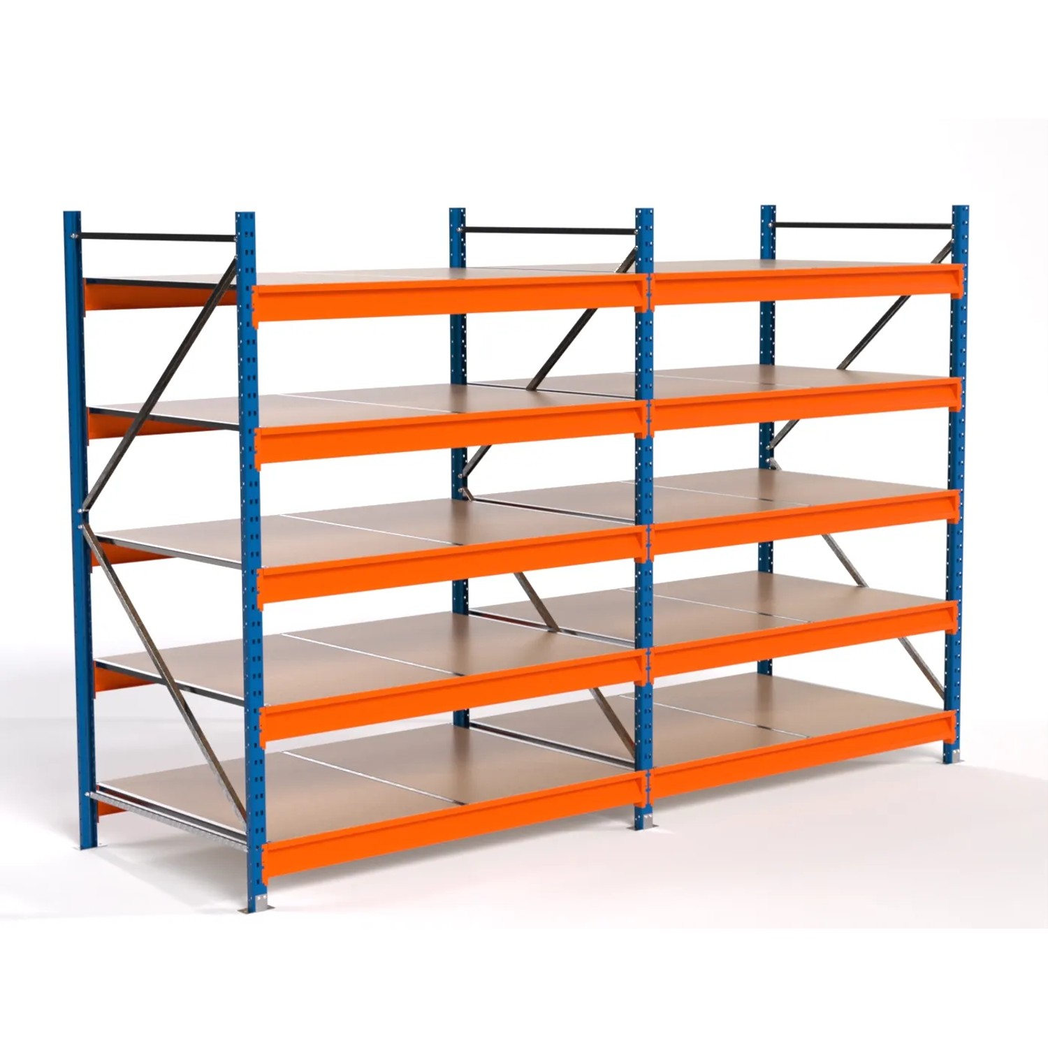 PROREGAL Industrie Weitspannregal Lagerregal MAXIMUS PRO Komplettregal 2 Felder HxBxT 200x300x100cm 5 Spanplatten-Fachboden Fachlast 850kg Blau/Orange