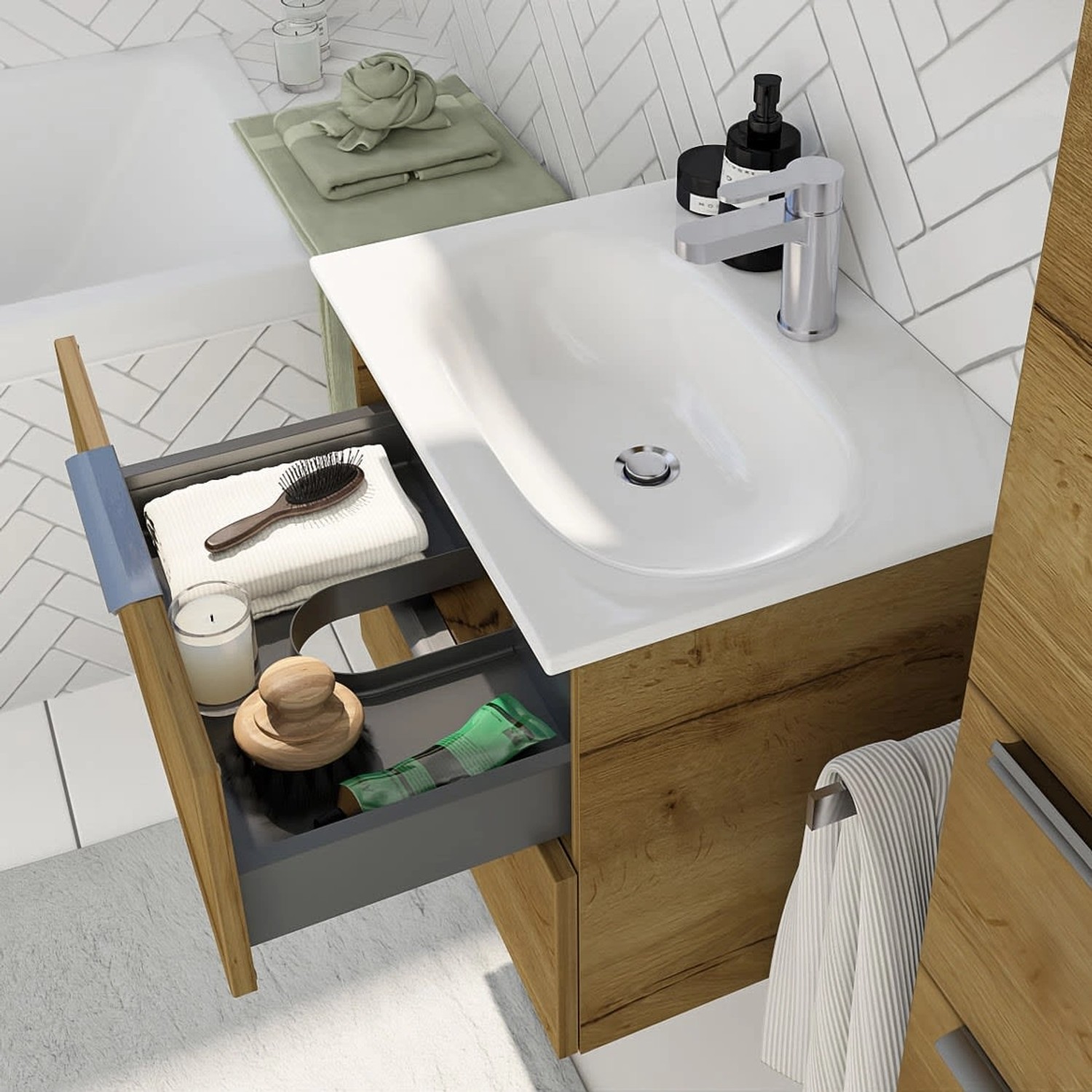Steinkamp Waschtischunterschrank Living 2.0 Halifax Eiche mit GROHE Essence Waschtisch 60 cm.