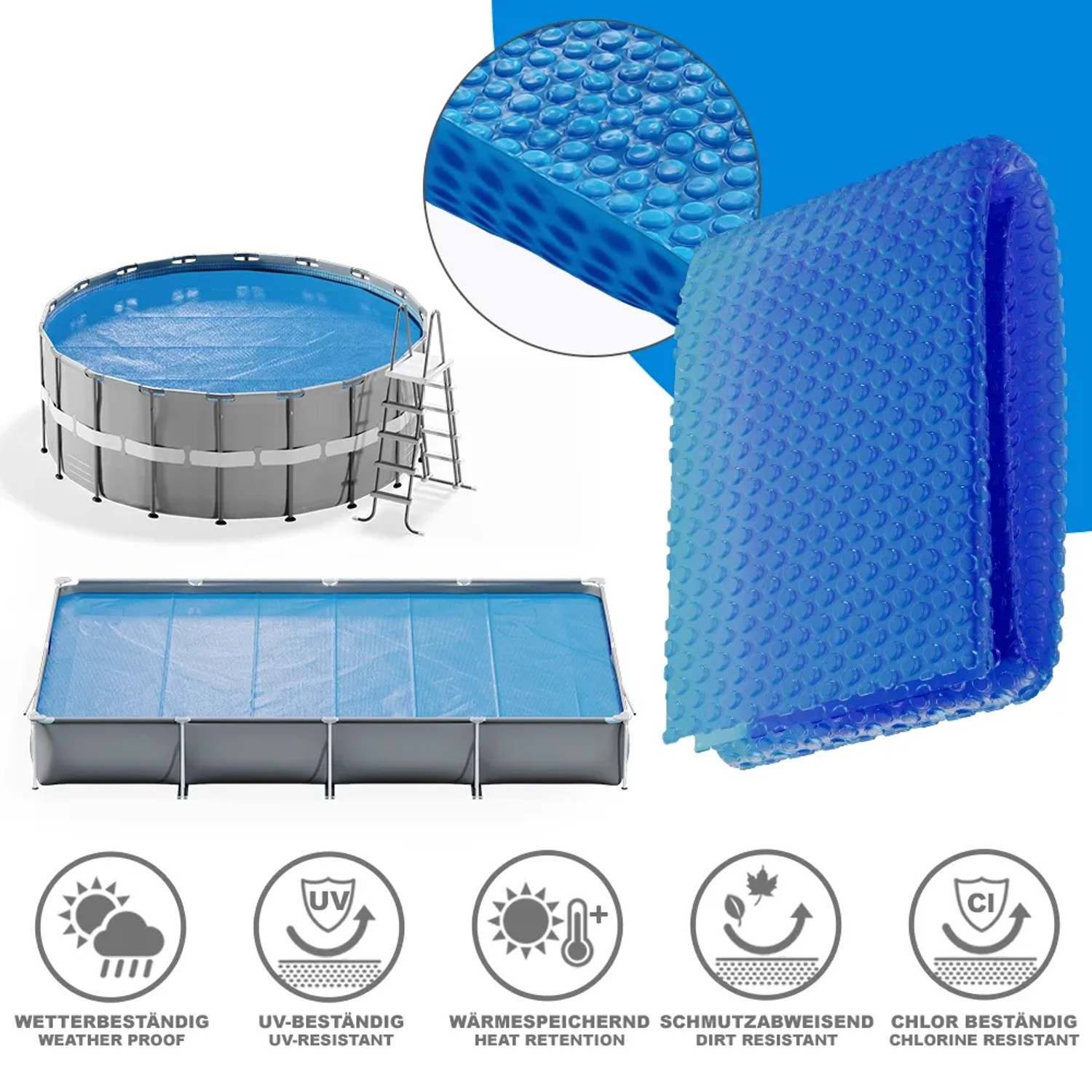 Blaue OK-Living Solarfolie 600 cm als Pool Abdeckung für runde und eckige Pools.