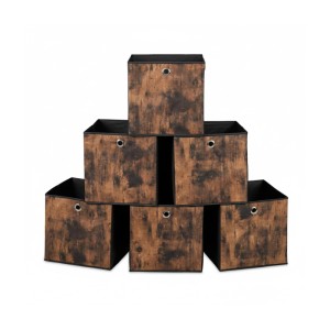 6er Set faltbare Aufbewahrungsboxen in Schwarz-Braun mit Holzoptik. Quadratische Regalkörbe aus Vliesstoff mit Grifflöchern für Ordnung.