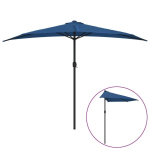 Blauer halbrunder Balkon-Sonnenschirm mit Aluminium-Mast und Kurbelsystem, geöffnet. Inset zeigt ihn geschlossen.