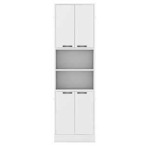 Weißer 190 cm Hochschrank mit Doppeltüren oben und unten, zwei offenen Regalfächern.