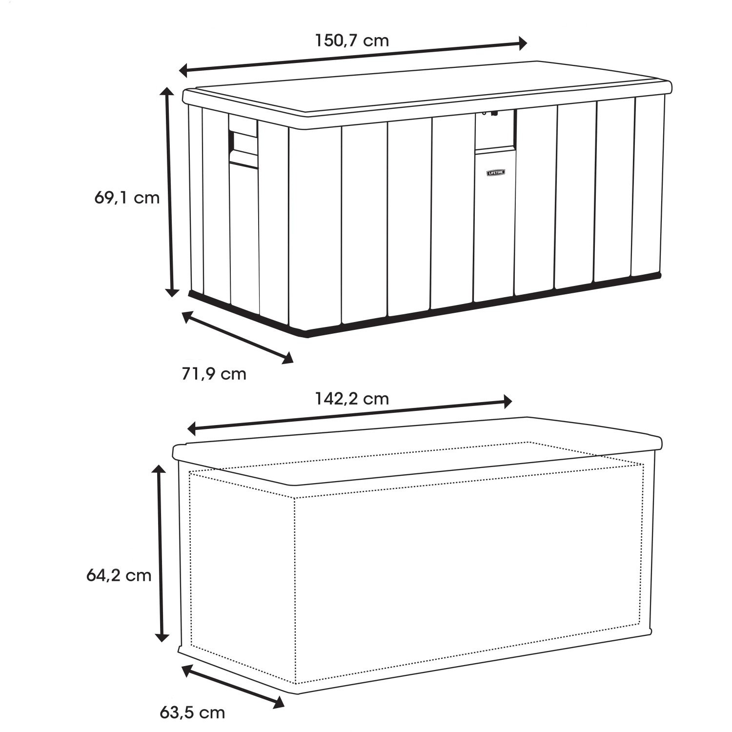 Skizze: Lifetime Gartenbox Sand, Maße 151x72x69cm, Universalbox für Garten, wasserdicht und UV-beständig.