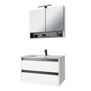Weißes Badmöbel-Set Cleo 2.0 (80 cm) mit LED-Spiegelschrank und Waschtisch mit Unterschrank.