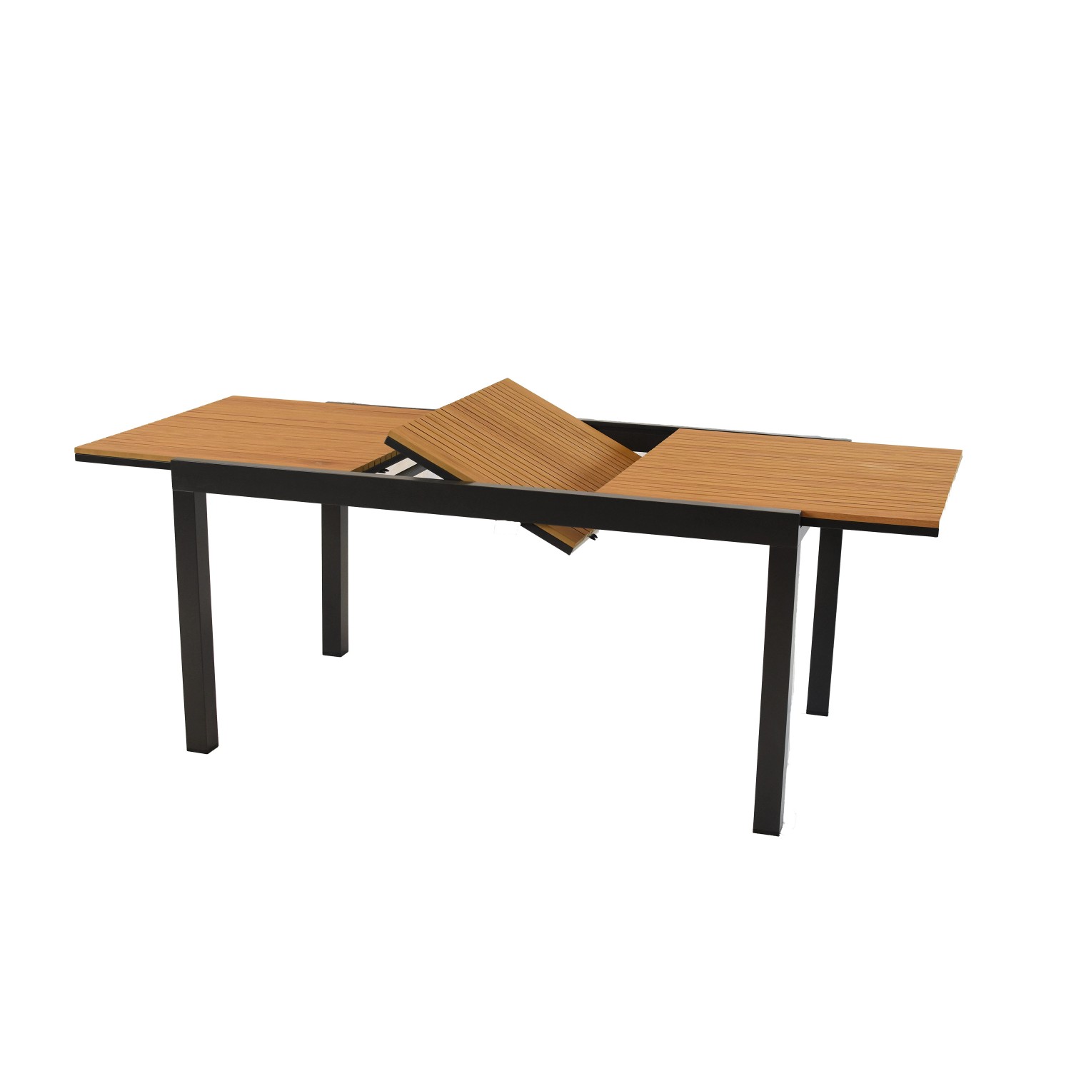 Ausziehbarer Gartentisch des Merxx Verona Sets mit Holzoptik-Tischplatte und graphitfarbenem Gestell.