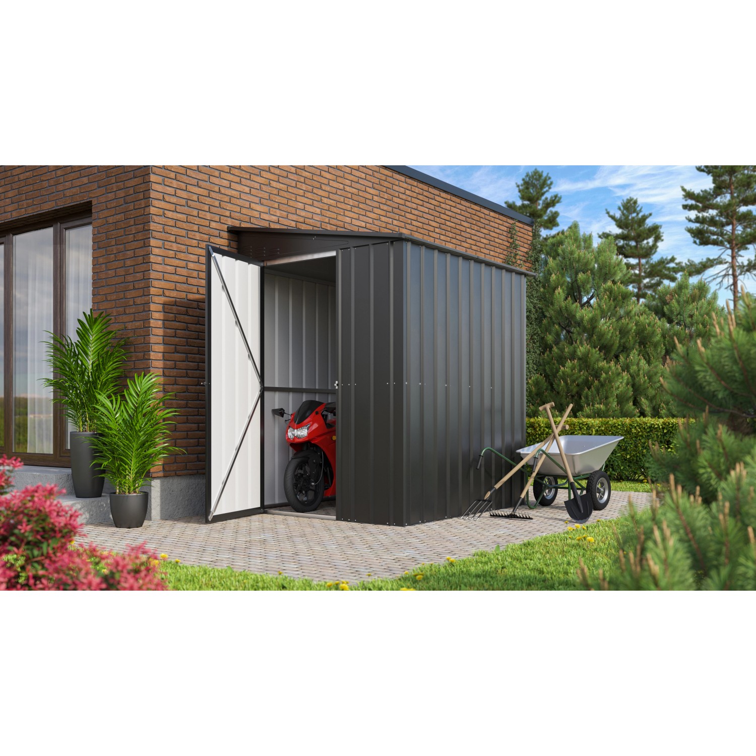 Globel Metall-Anlehngerätehaus Lean-To 56 in Anthrazit mit geöffneter Tür und Motorrad im Inneren.