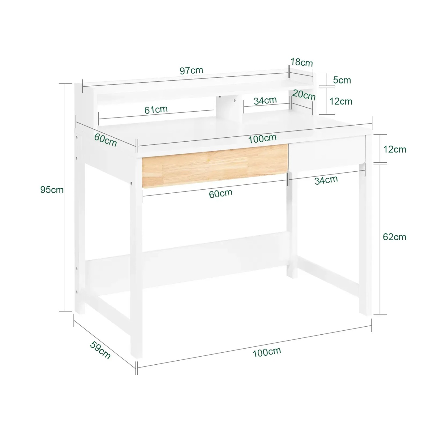 Weißer SoBuy Schreibtisch FWT106-W mit Ablagen, ideal für Homeoffice. Die Abbildung zeigt die Maße des Tisches.