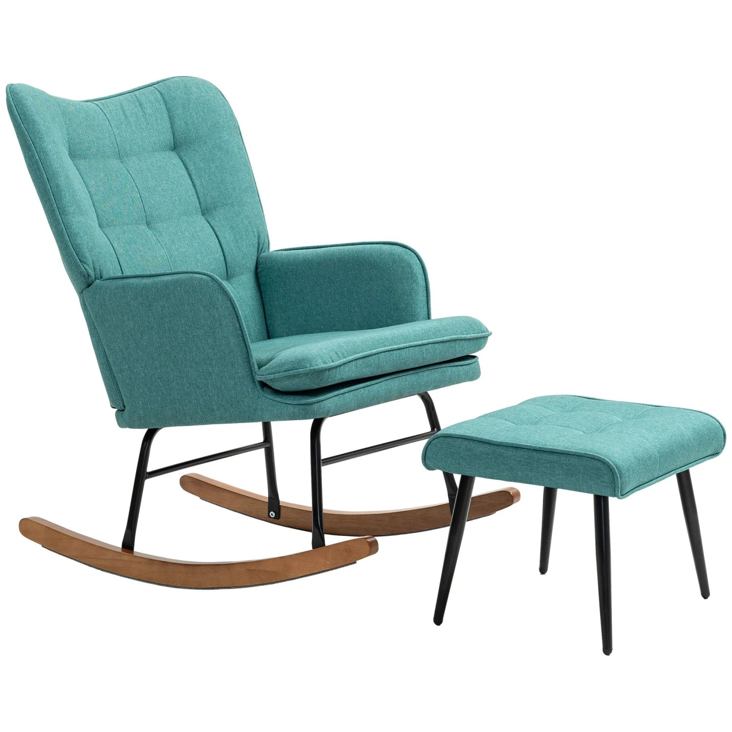 HOMCOM Schaukelsessel Schaukelstuhl mit Hocker, Sessel mit Leinenoptik (Schaukelstuhl, 2-St., Schwingsessel), für Wohnzimmer, Schlafzimmer, 64L x 89B x 90H cm, Dunkelgrün