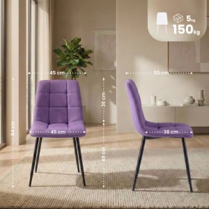 Zwei lila Esszimmerstühle Antibes aus Stoff mit schwarzen Metallbeinen, Maße sichtbar. Modernes Design für Esszimmer.