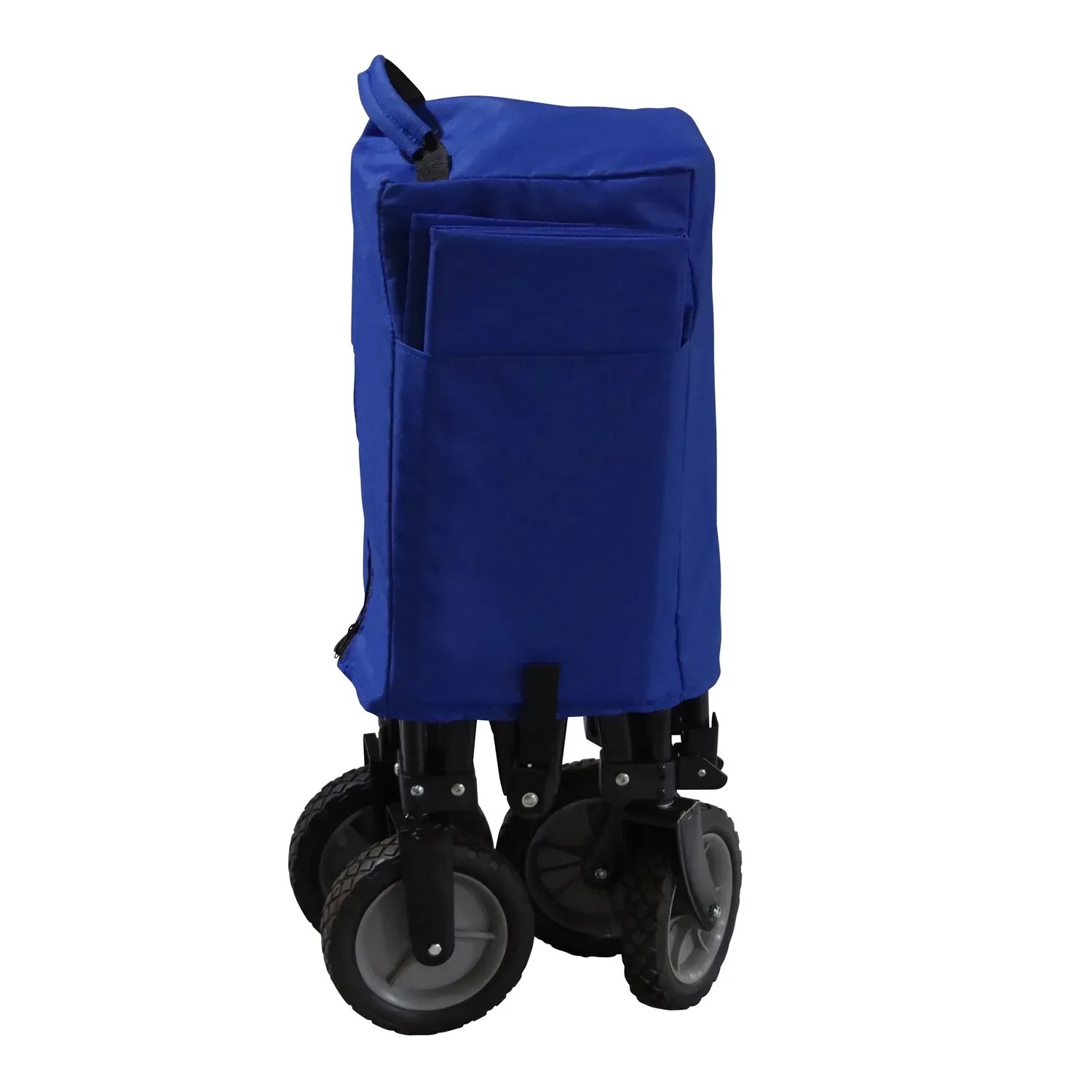 Zusammengefalteter, blauer Bollerwagen AB110 von Axi mit Rädern und Tragetasche.