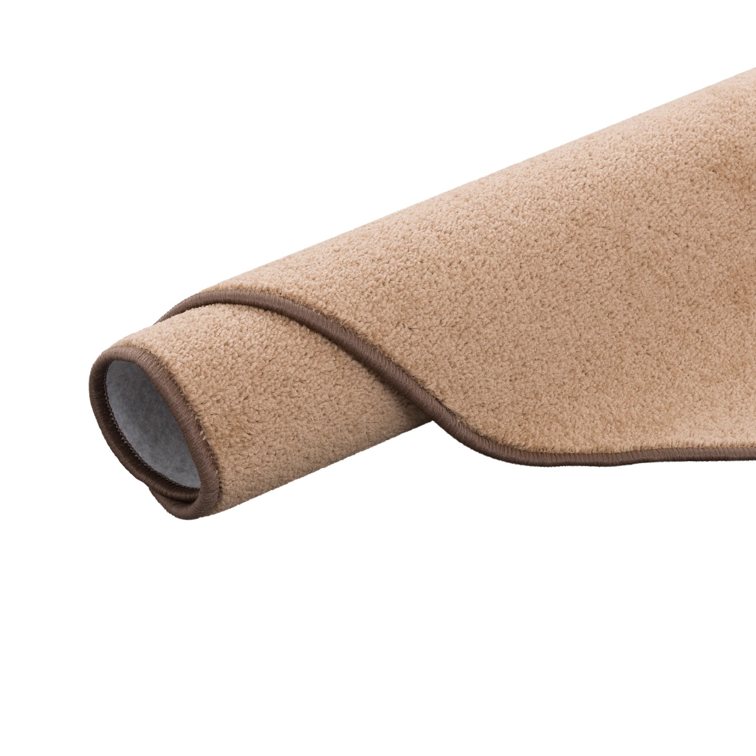 Gerollter, runder, karamellfarbener Snapstyle Trend Velours Teppich Joy, 100 cm.