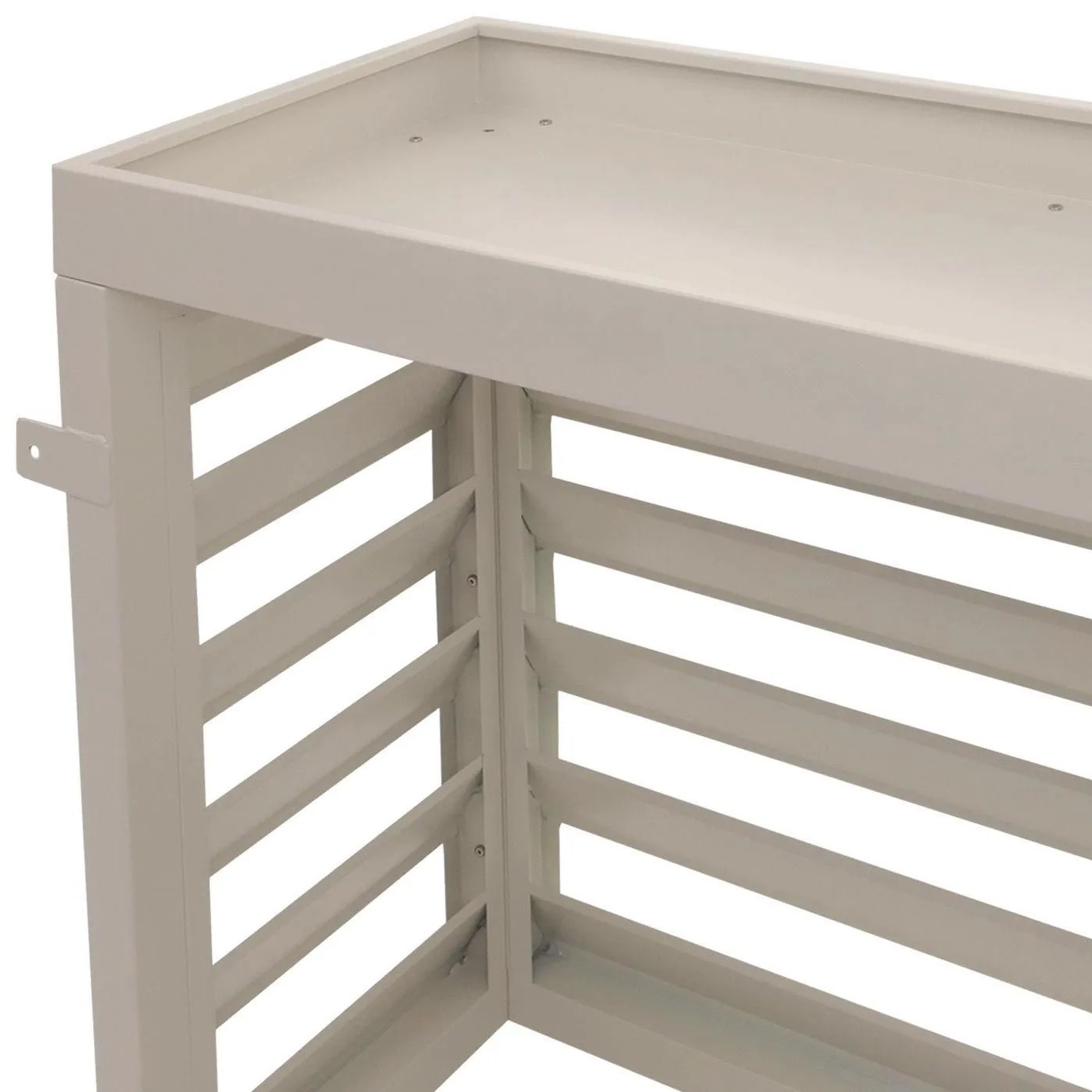 MCW Metall Verkleidung für Klimaanlage/Wärmepumpe, grau-weiß. Lamellenstruktur, oben mit Pflanzkasten. Garten.