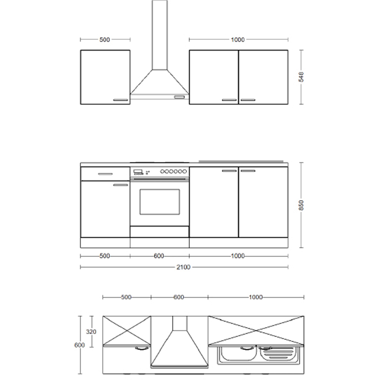 Skizze der Flex-Well Exclusiv Küche Cara 210 cm in Schilfgrün/Artisan Eiche mit Maßen.