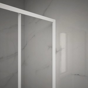 Detailaufnahme der Aurlane Glasdusche Factory Front Weiß, Eckdusche mit weißem Rahmen.