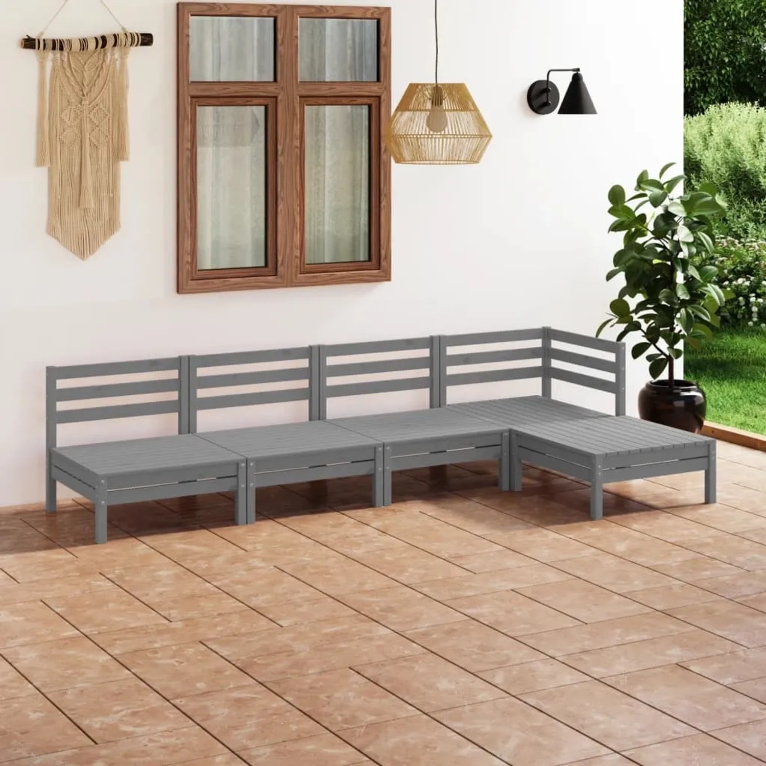 Graues 5-tlg. vidaXL Garten-Lounge-Set aus Kiefernholz auf einer Terrasse.