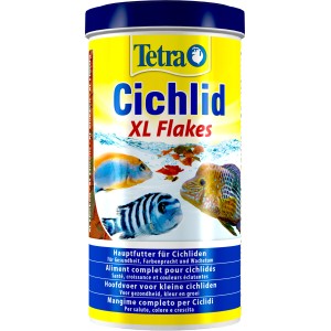 Tetra Cichlid XL Flakes 1 l: Flockenfutter für Cichliden, mit Abbildung von Fischen.