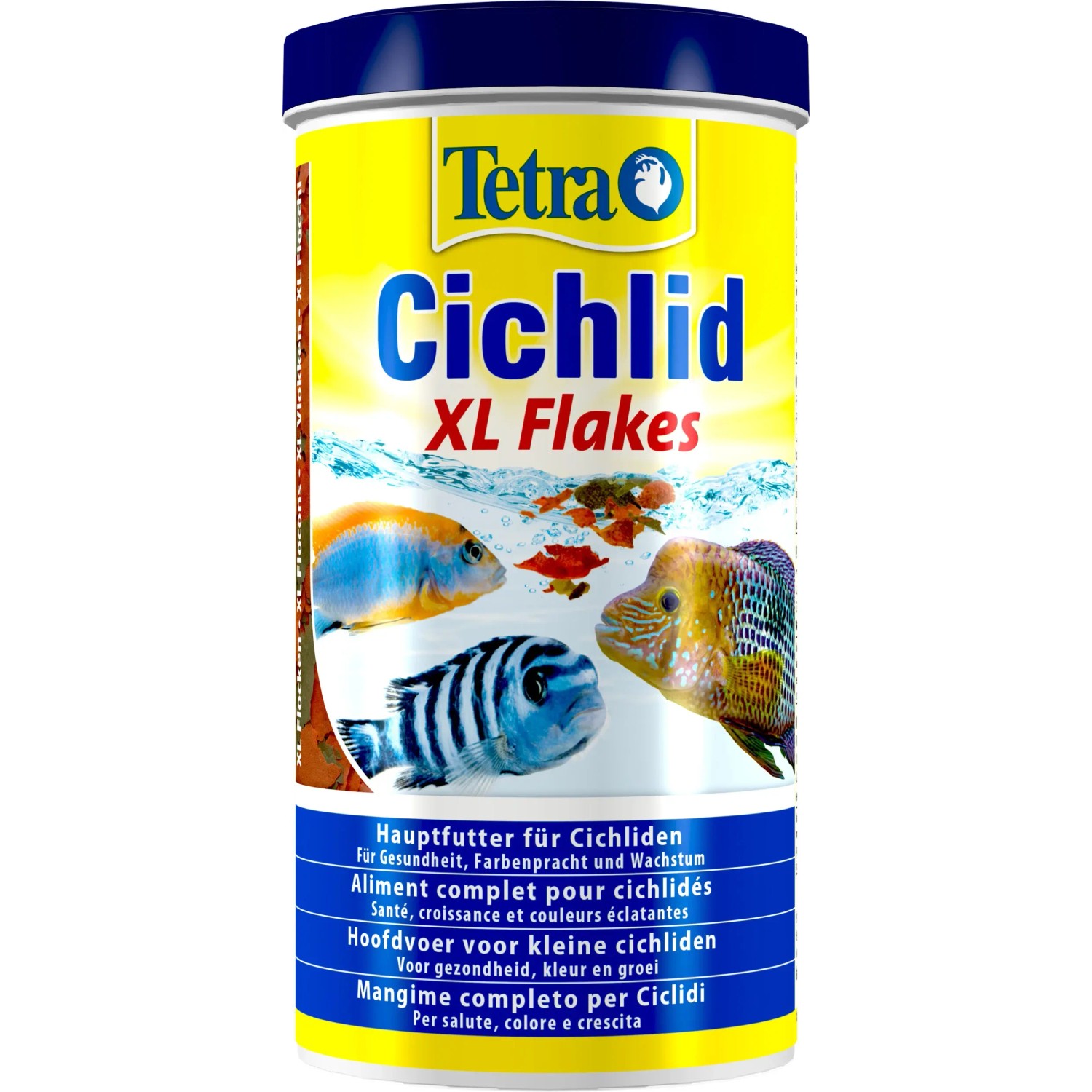 Tetra Cichlid XL Flakes 1 l: Flockenfutter für Cichliden, mit Abbildung von Fischen.