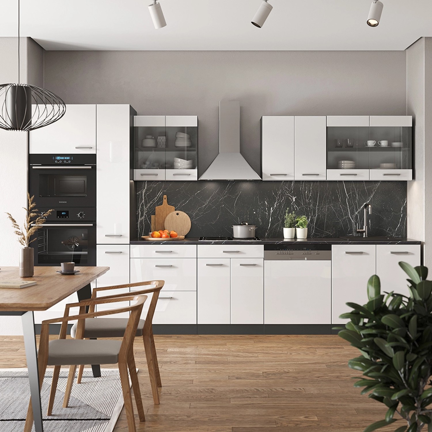 Vicco R-Line Küche, 350 cm, weiß hochglanz/anthrazit, mit Hochschrank. Moderne Küchenzeile.