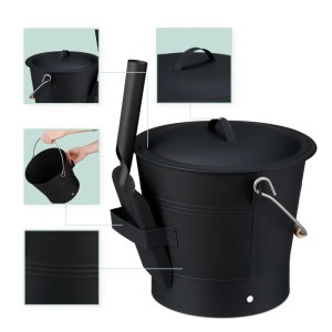 Relaxdays Ascheeimer mit Deckel und Kehrset Eisen Schwarz 26 cm x 32 cm x 33 cm 1,2 kg