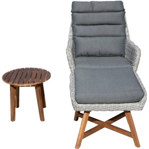 Lounger-Set Calvia Grau: Gartenmöbel-Lounge mit grauem Polster und Akazienholz-Tisch.