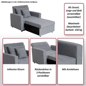 Hellgrauer MCW Schlafsessel L90, ausziehbar zu Liege und Bett, mit Armlehnen und Kissen.