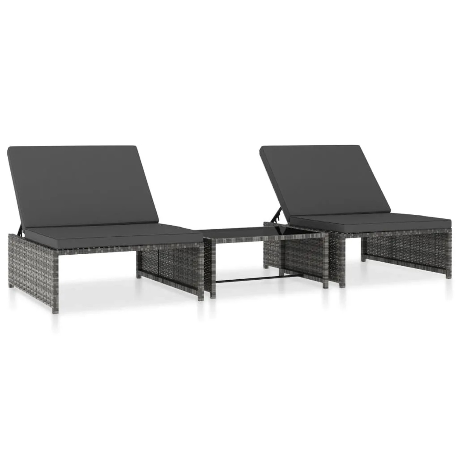 furnicato Sonnenliegen 2 Stk. mit Tisch Poly Rattan Grau