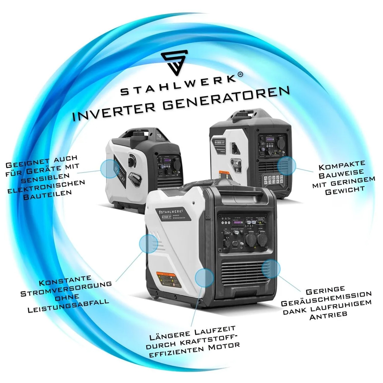 STAHLWERK Inverter Stromgenerator IG 5500 ST, weiß-grau, kompakt, mit Anschlüssen. Bietet stabile 5,5 kW Leistung.