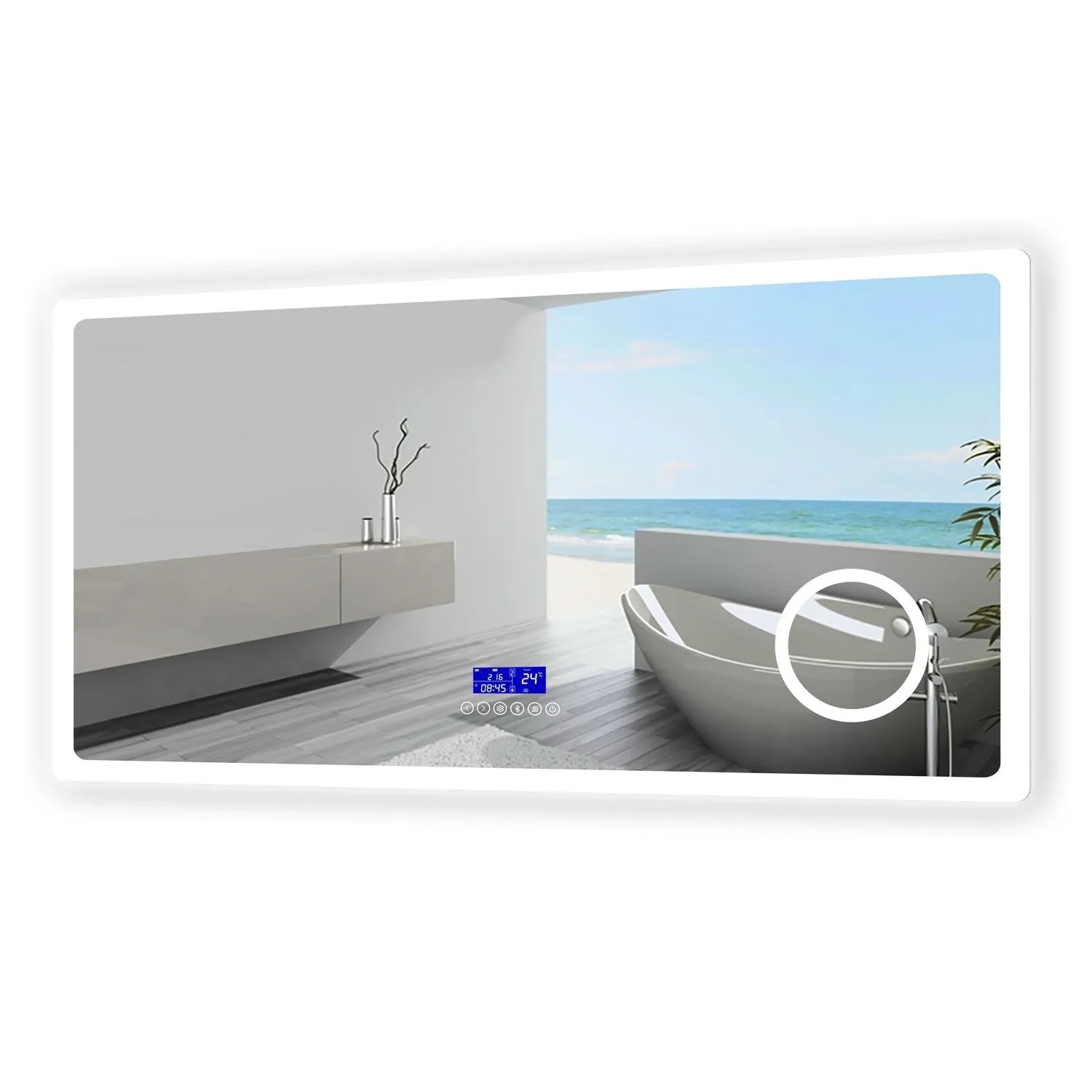 Aica Sanitär Badspiegel mit Bluetooth Schminkspiegel 80x60 cm Spiegel mit Uhr Neutral-Warm-Kaltweiß Dimmbar Memory Touch Beschlagfrei