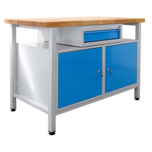 PROREGAL Werkbank Rhino, lichtgrau/lichtblau, mit Schublade und 2 Türen. Buche Arbeitsplatte.