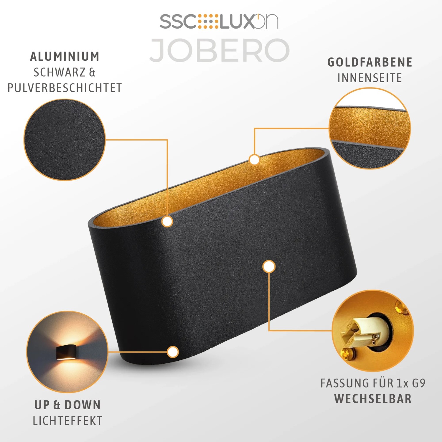 2er Set SSC-LUXon JOBERO Wandleuchten, schwarz-gold, G9 Fassung, Up-Down Licht, eckiges Design.