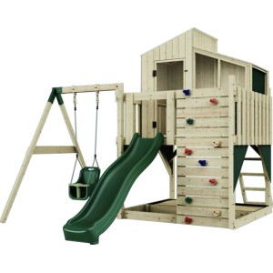 Holz-Spieltürm mit Schaukel, Rutsche und Kletterwand. Babyschaukel Smaragdgrün.