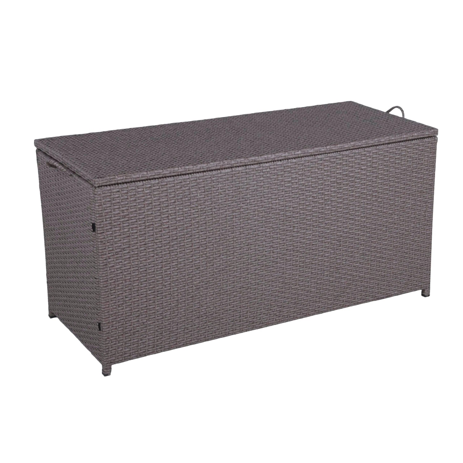 Braune DELUKE Auflagenbox VERA aus Kunststoffgeflecht für Garten, Terrasse oder Balkon.