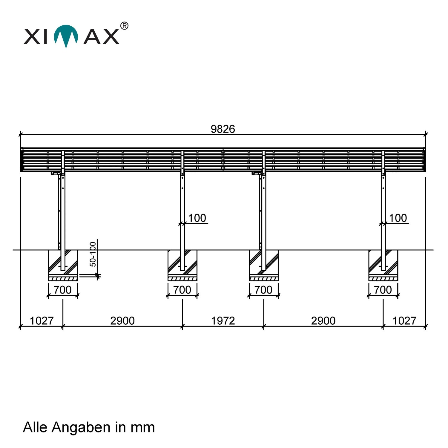 Technische Zeichnung: Ximax Carport Linea-80 Tandem, Maße und Details für Montage.