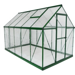 Grünes Palram Canopia Hybrid Gewächshaus 3.1x1.9 mit klaren Wänden und Aluminiumrahmen.