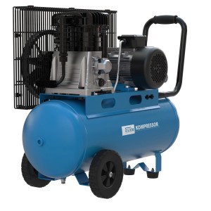 Blauer Güde Kompressor 580/10/50/400 V mit Riemenantrieb und Manometer.