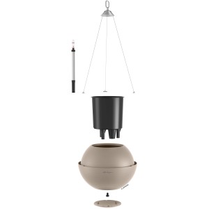 Lechuza Bola Color 32 Hängeampel, sandbraun, mit Bewässerungssystem und Edelstahlaufhängung.
