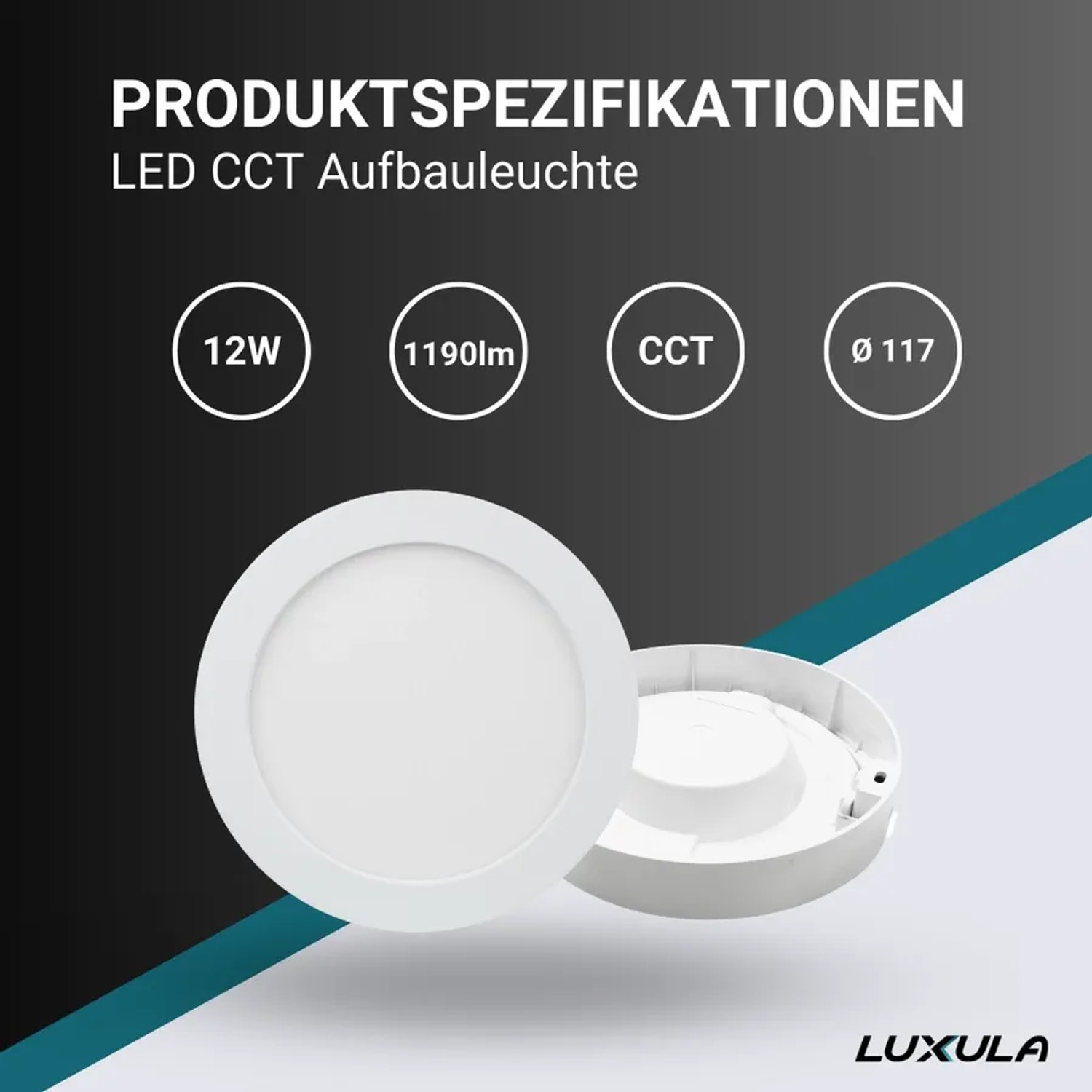 Weiße LUXULA LED Aufbauleuchte, rund, 12W, CCT einstellbar, für Deckenmontage.