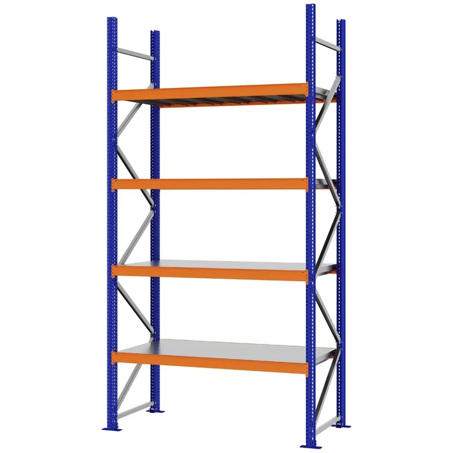 PROREGAL Weitspannregal Schraub-Stecksystem MAGNUS PRO Made In Germany Grundregal 300x150x60cm 4 Ebenen Stahlböden Fachlast 750kg Blau/Orange