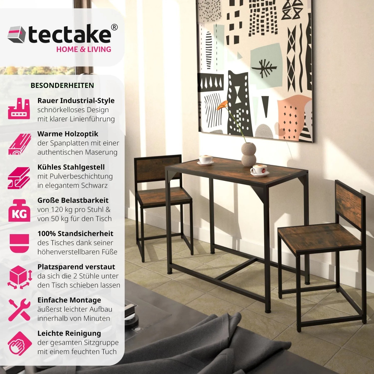 Tectake Sitzgruppe Milton, 3-teilig, Esstisch mit 2 Stühlen im Industrial Design.