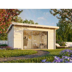 Modernes, hellgrau-anthrazit lackiertes Palmako Gartenhaus Lea Slide mit Glasschiebetür.