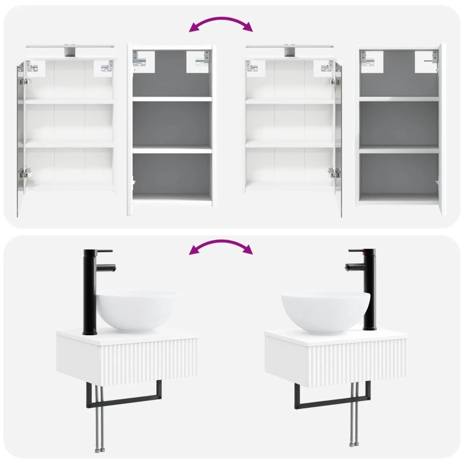 Weißes vidaXL Badmöbel-Set: Wandmontierte Schränke mit umkehrbaren Türen, flexibles Waschbecken mit schwarzer Armatur.