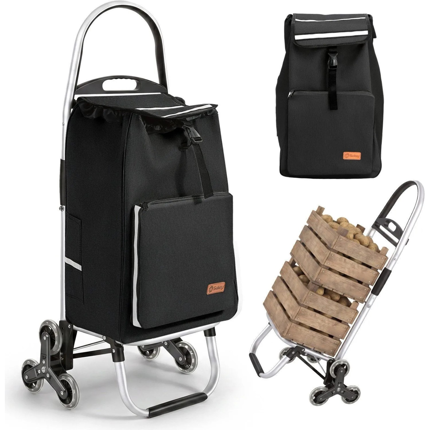 Sekey 50L Aluminium Einkaufstrolley Klappbar Treppensteiger mit Kühlfach Schwarz