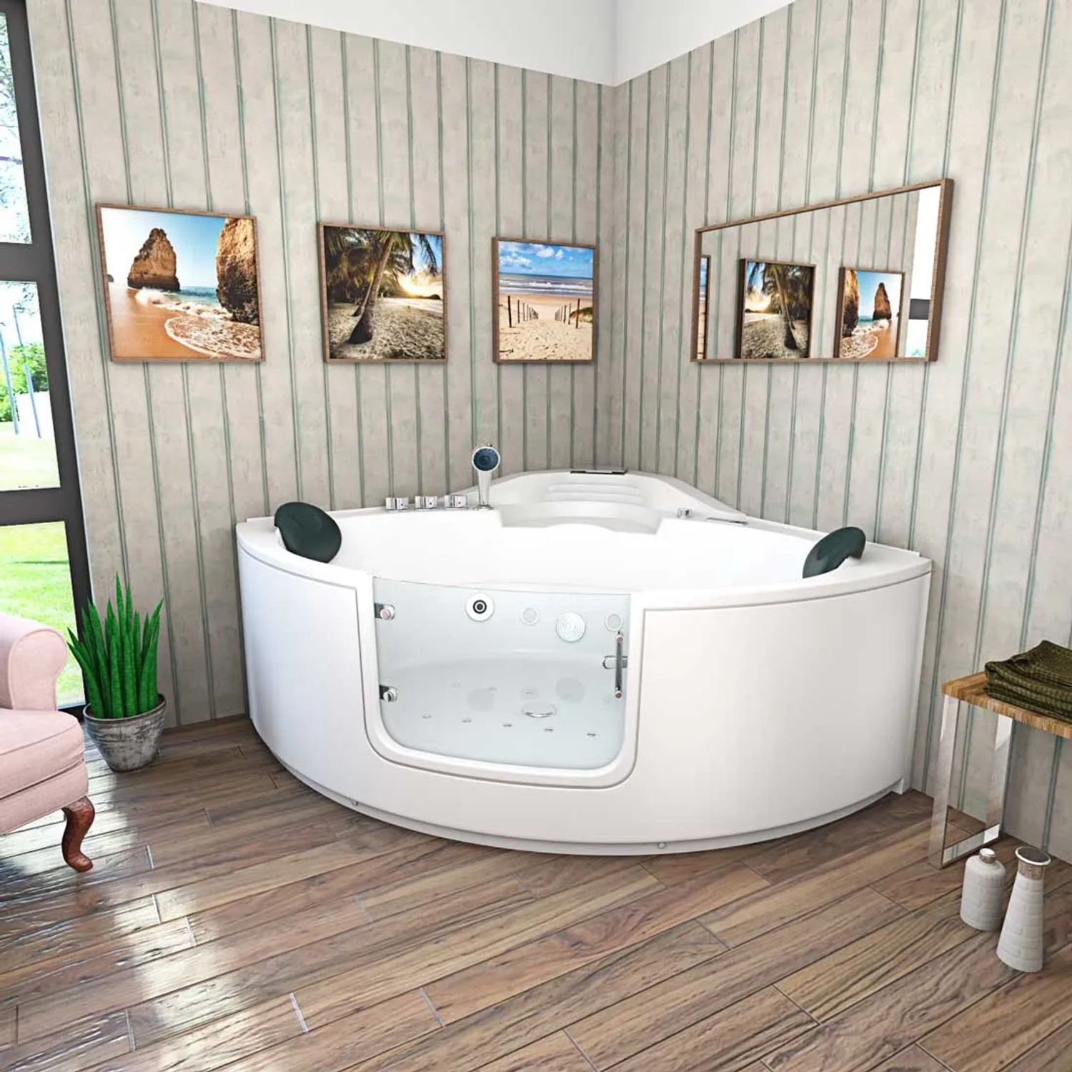 Weiße AcquaVapore Eck-Badewanne W60-SC 140x140 mit Tür und Whirlpoolfunktion im Badezimmer.