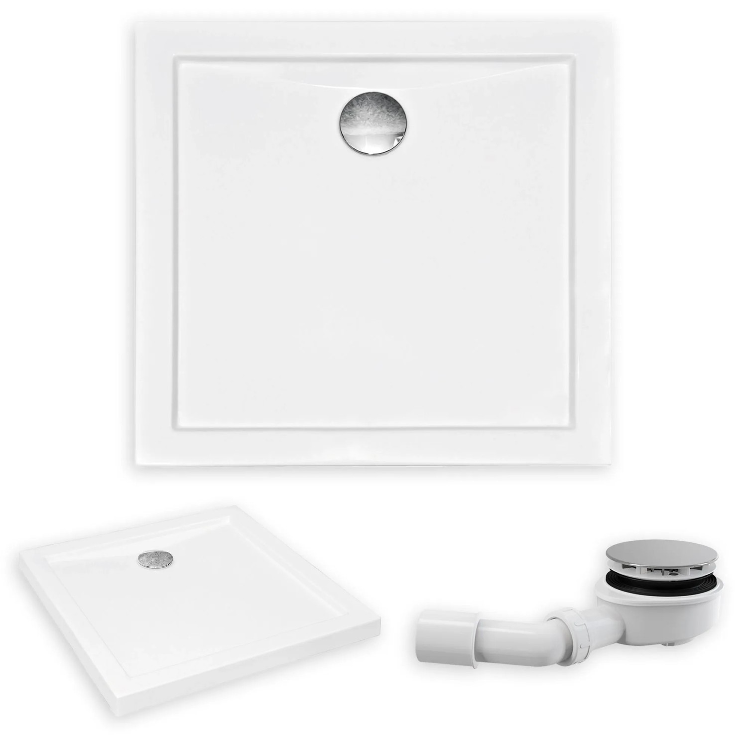 KOLMAN DUSCHWANNE Quadratisch Weiß 80x80 cm Set mit Ablaufgarnitur