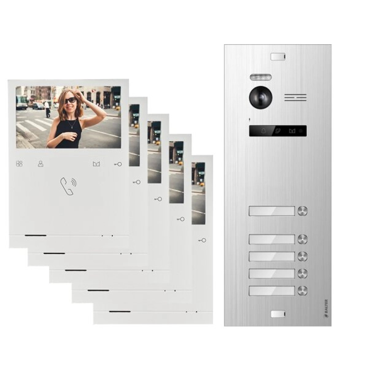 Balter Evo Quick Video Türsprechanlage für 5 Familienhaus mit 5x 4,3 Zoll Monitor 2-Draht Bus Silber