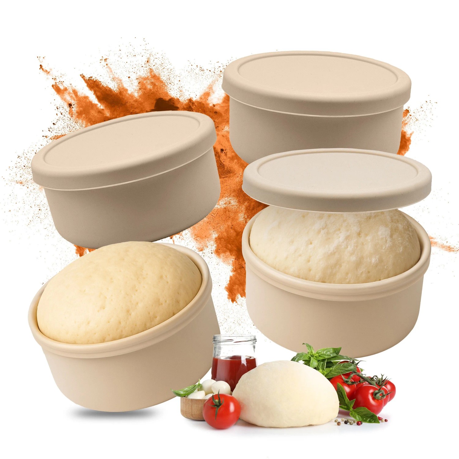 Relaxdays Pizzaballenbox 4er Set Silikon Beige mit Deckel 6,5 cm x 14,5 cm 0,92 kg